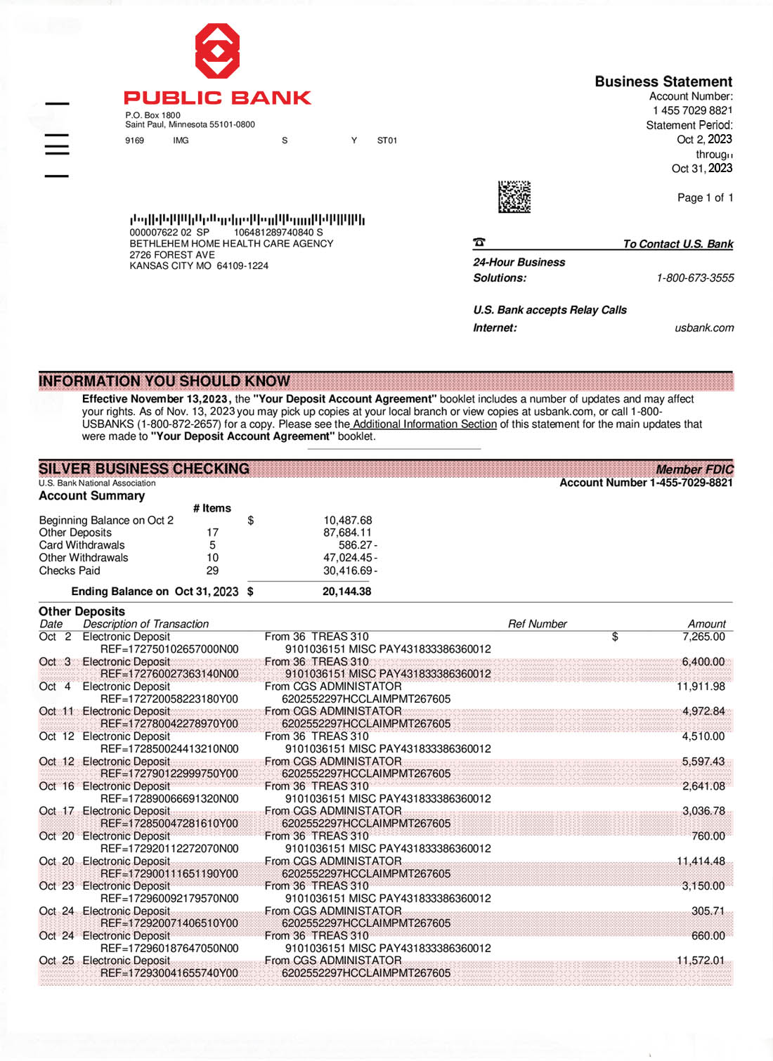 Relevé bancaire de la Banque PUBLIC